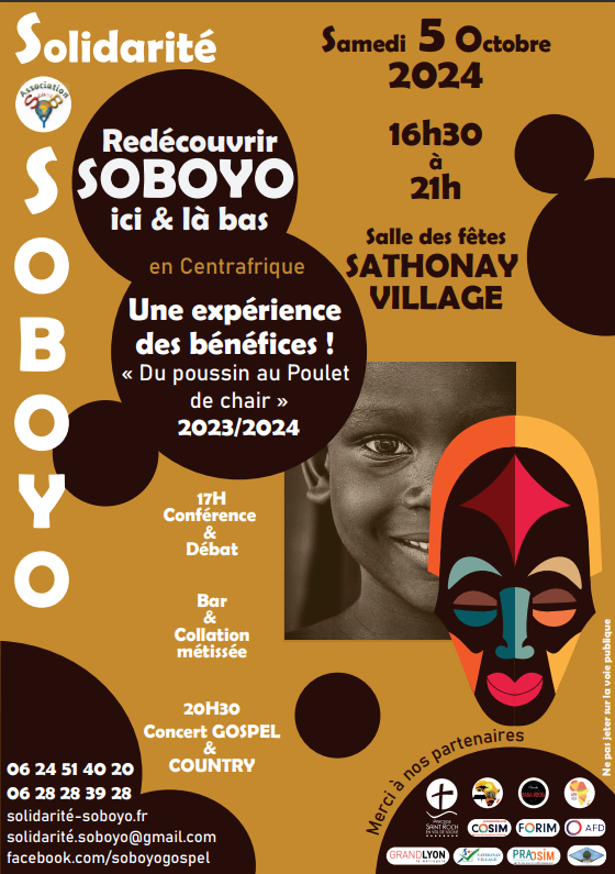 Affiche annonçant l'évènement de l'association Solidarité Soboyo au profit de Soboyo Bangui. Cet évènement aura lieu aura lieu le 5 octobre 2024.